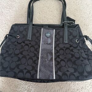 Coach Black Signature Jacquard Tote with Snake-Effect Center Stripe